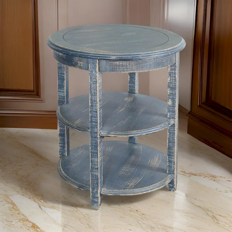 Rena Side End Table with 2 Shelves, 24 Inch Ocean Blue Mahogany Wood