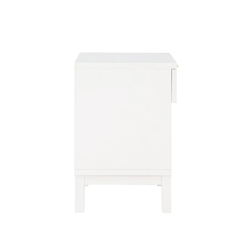 Nightstand - White, Cane Inset Drawer, Gold Pull, Open Shelf, 25W x 24.25H, Coastal Style