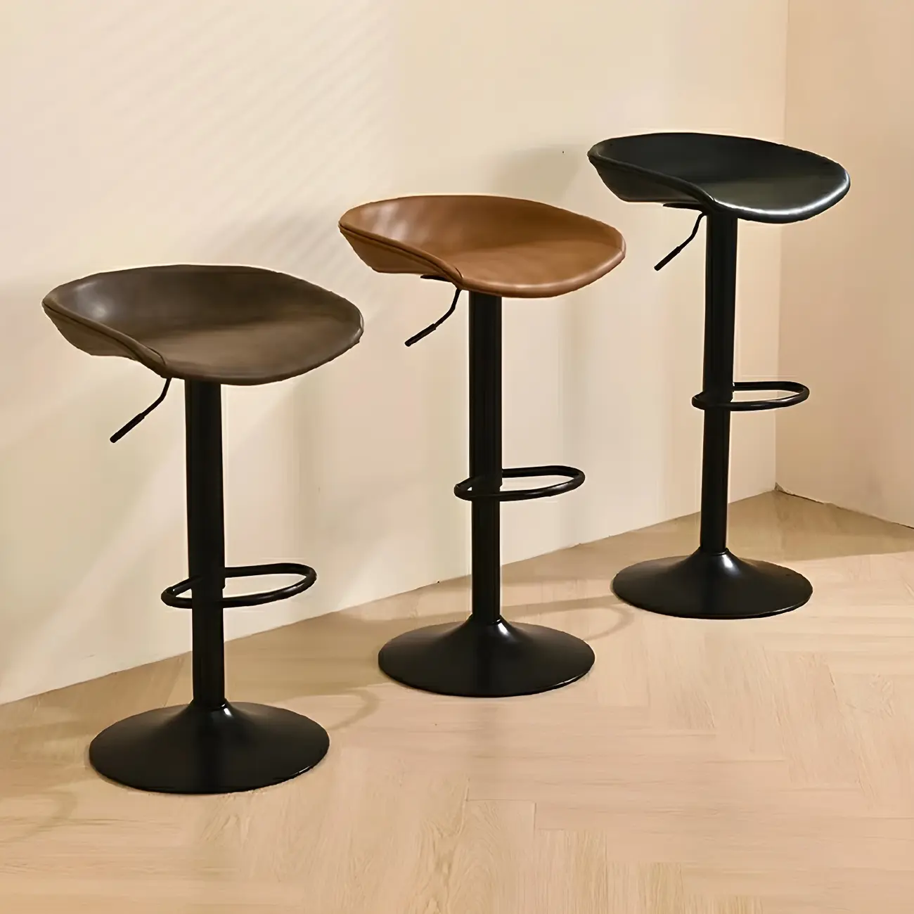 Modern Leather Black Pedestal Swivel Adjustable Bar Stool