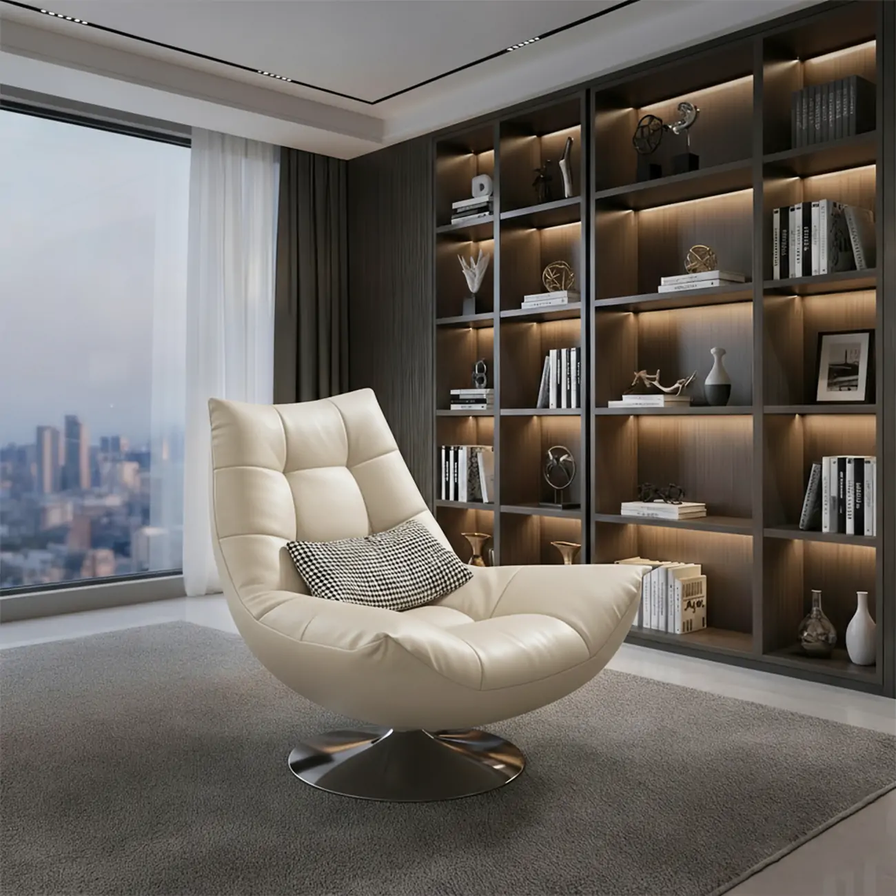 Black Swivel Tufted Leather Accent Chair Pillow Included