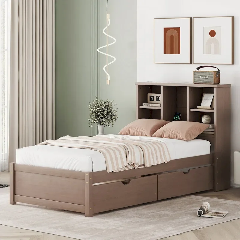 Modern Twin Size Bed Frame With Built-in USB Port on Bookcase Headboard and 2 Drawers for