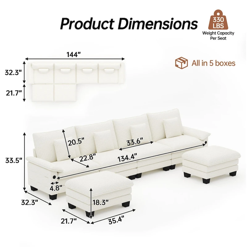 144 Modular Compression Sofa Set Convertible Sectional Sleeper Couch with 2 Ottomans