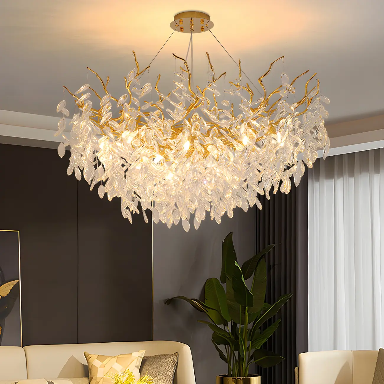 Elegant Gold Branch Crystal Chandelier Adjustable Height