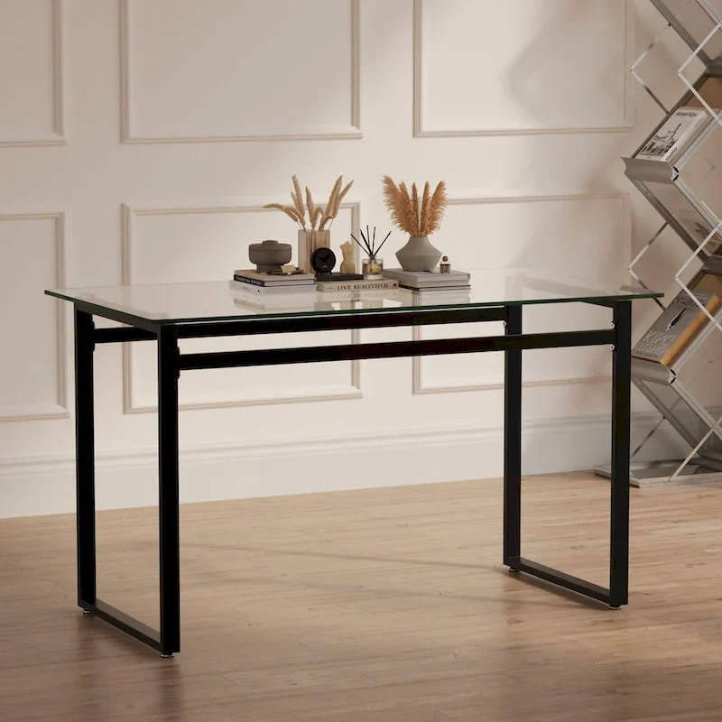 Modern Minimalist Rectangular Glass Dining Table for 4-6 with 0.31 Tempered Glass Tabletop and Black Chrome Metal Legs