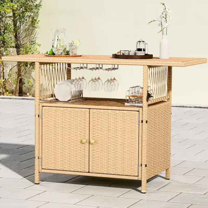 Moasis Outdoor Storage Cabinet Patio Wicker Bar Counter Backyard Furniture w/Plastic Wood Tabletop - 50.4L x20.9W x 33.9H