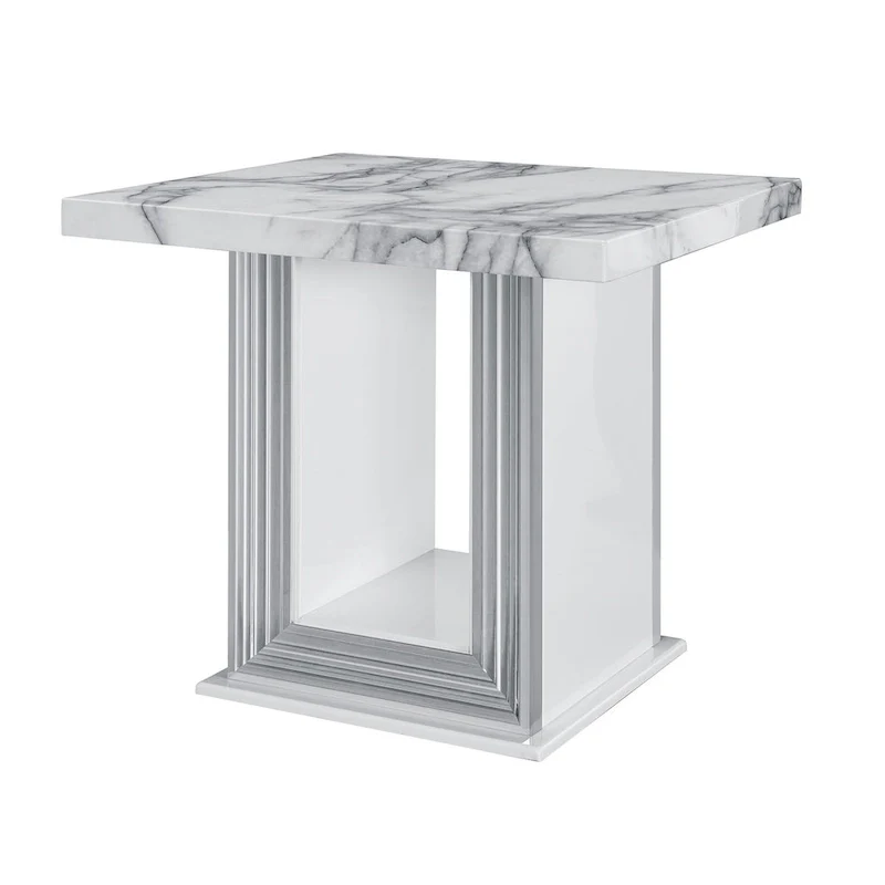 HomeRoots 24 White and Silver Faux Marble and Wood Pedestal End Table - 26' X '24.4' X '26