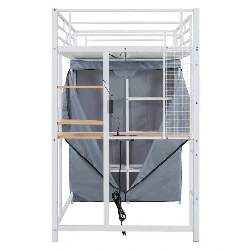 Twin Metal Loft Bed with Built-in Desk, Wardrobe & Power Outlet - 350LB Capacity