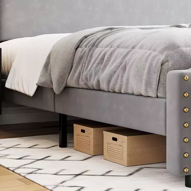 King Bed Frame with Tufted Headboard, Strong Wooden Slats & No Box Spring Required