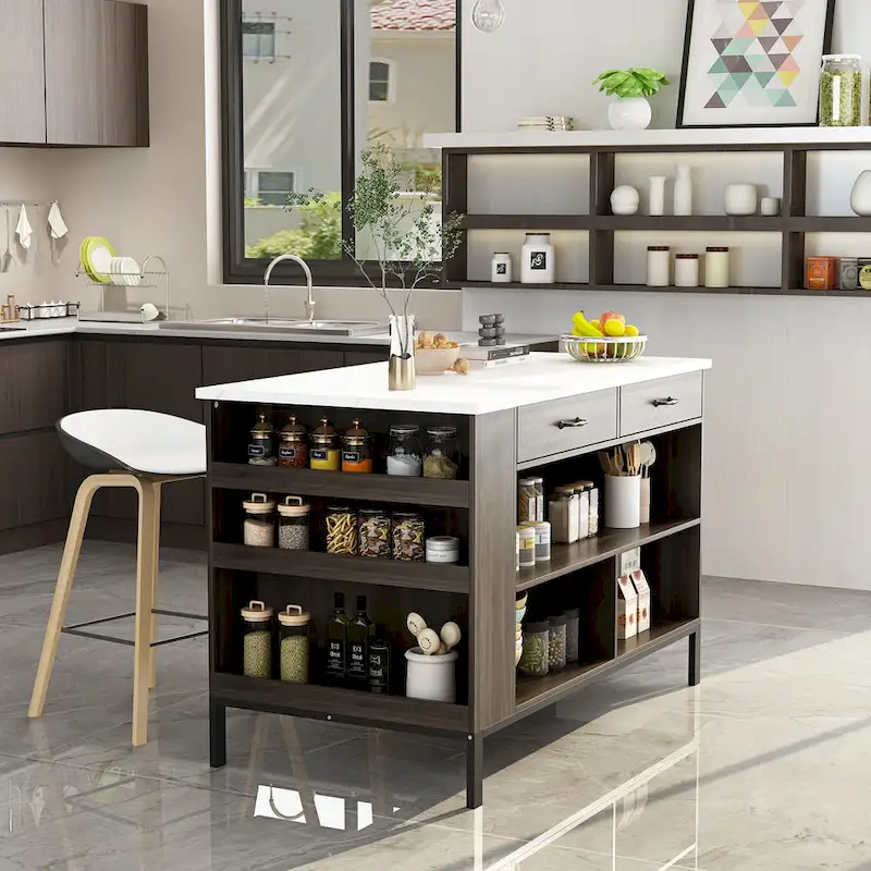 55.1W Buffet Kitchen Island Cabinet with Open Shelves Two Drawers