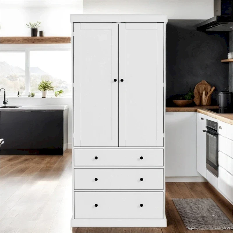 Freestanding Tall Cupboard Storage Cabinet w/ 8 Door Shelves, 3 Drawer