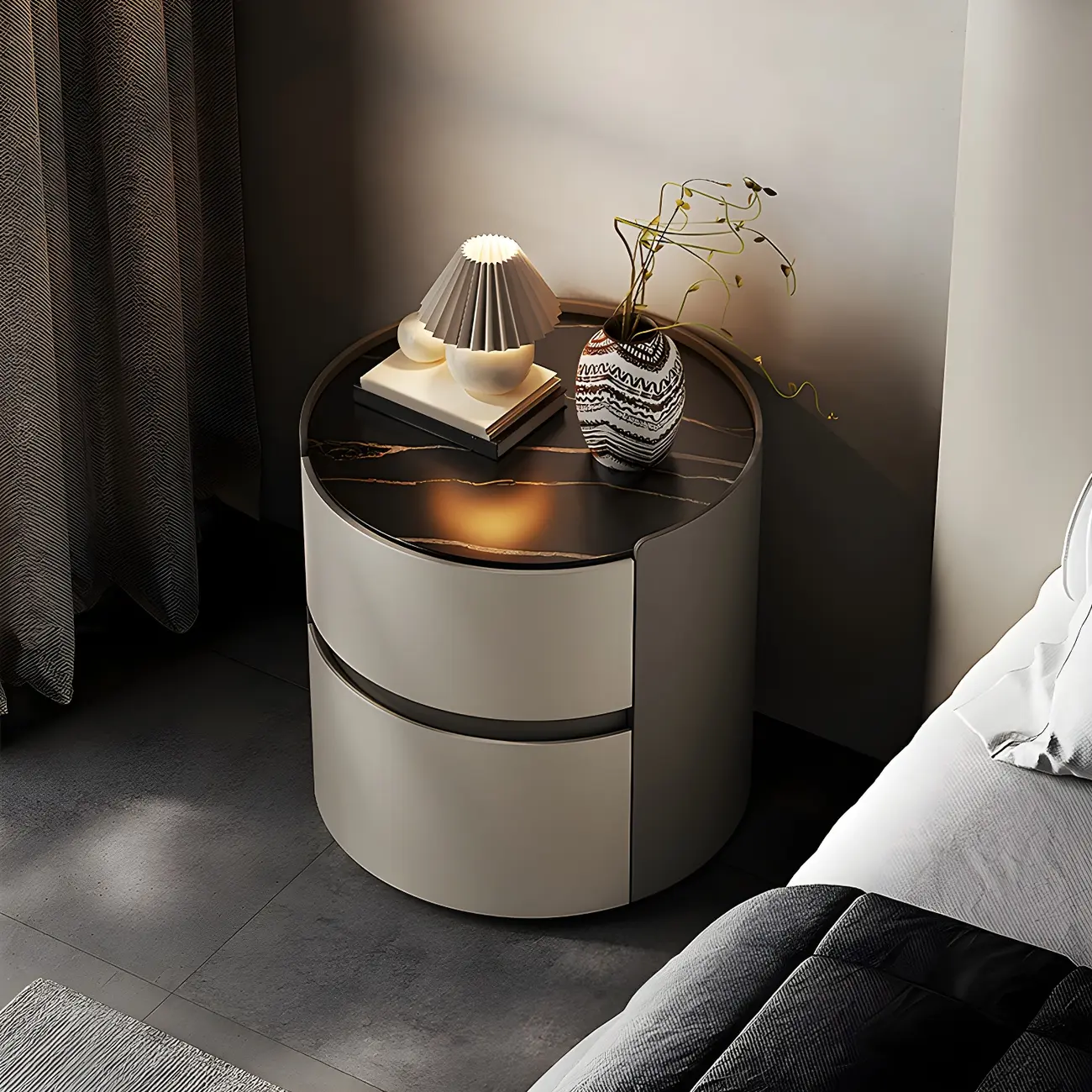 Modern Slate Countertop Round 2-Drawer Nightstand