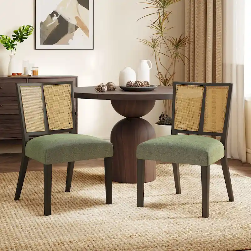 Mid-Century Rattan Back Upholstered Dining Chair Set of 2