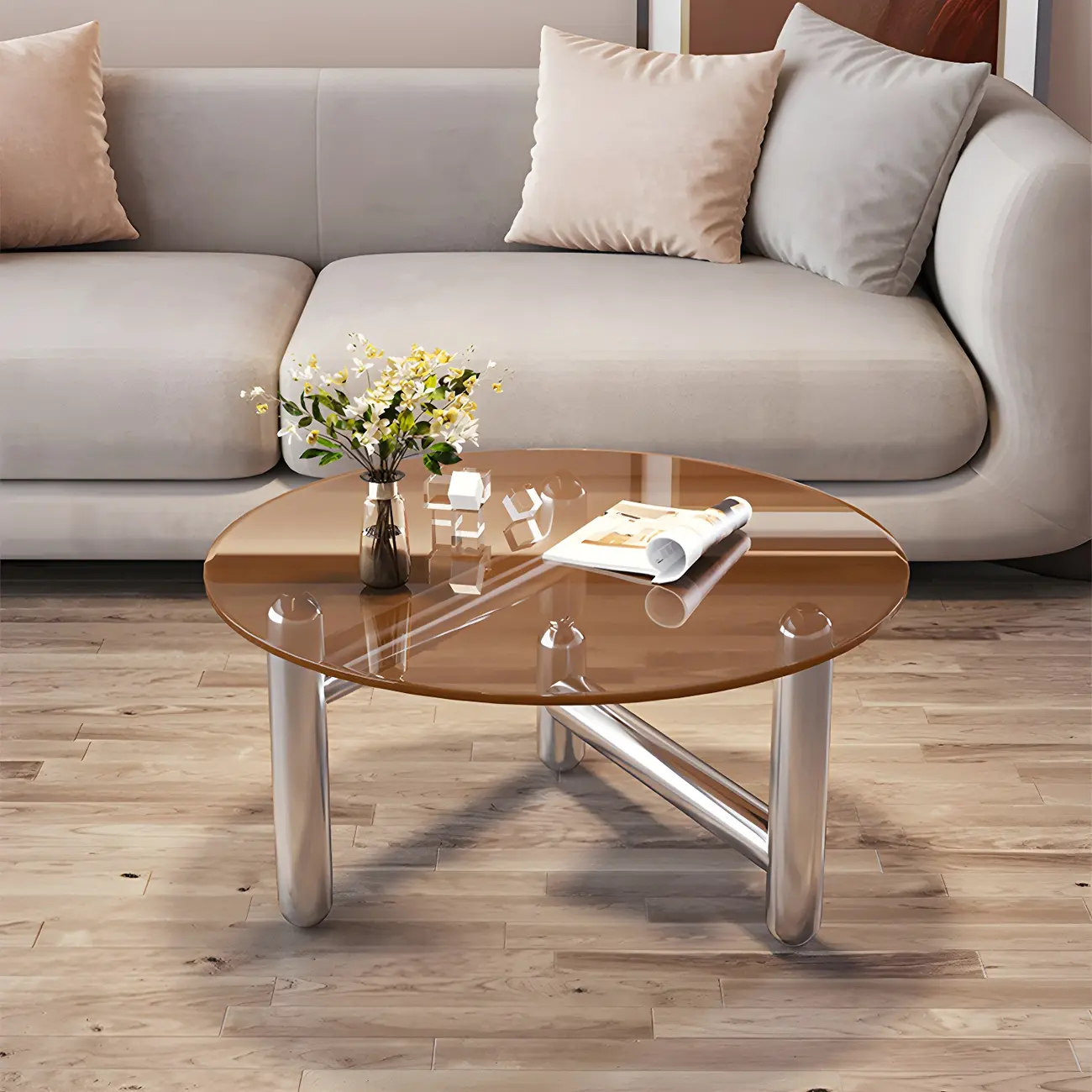 Round Glass Top Coffee Table with Stainless Steel Base