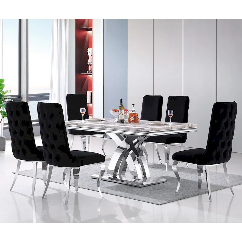 Black and Gold Dining Room Table with 65-inch top and Gold Polished Stainless Steel Metal Double X Base