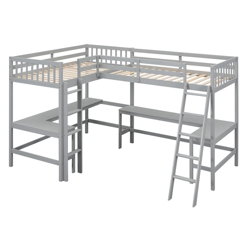 Merax Wood Twin Size L-Shaped Loft Bed with Ladder and 2 Built-in L-Shaped Desks