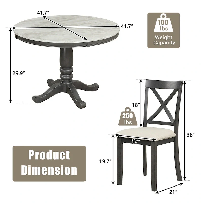 Modern Style Wooden 5-Piece Dining Set with Round Table amd 4 Upholstered Chairs
