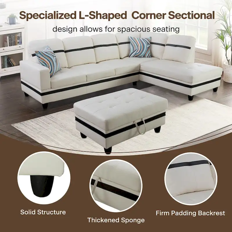 L-Shape Semi PU Leather Living Room Sofa Set with Ottoman,3-Piece