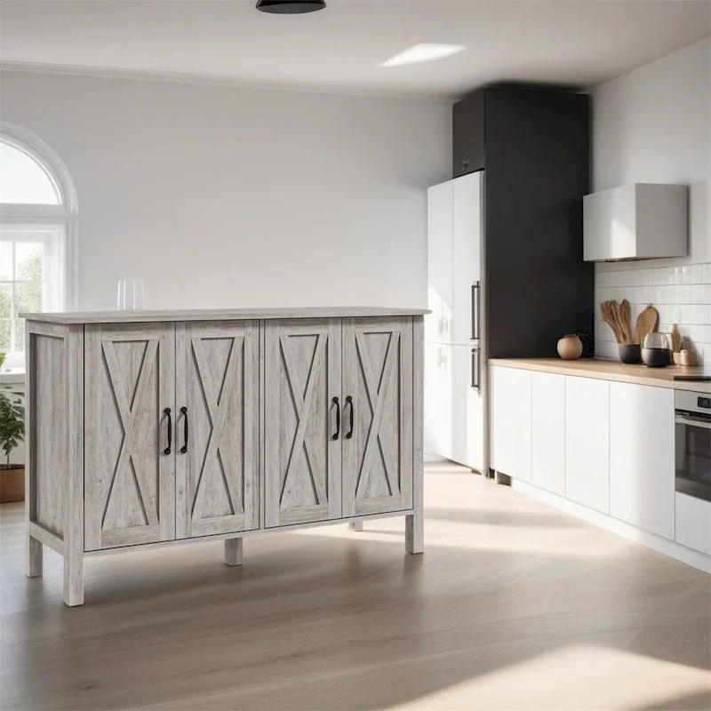 Wood Buffet Cabinet with 4 Barn Doors and 2 Adjustable Shelves