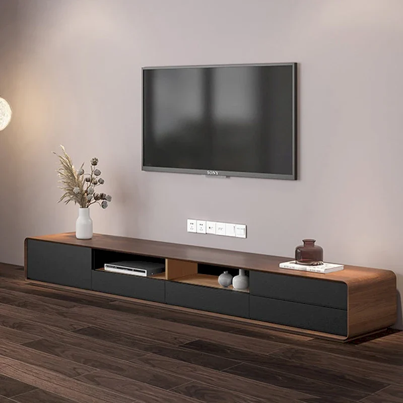 Modern Wood TV Stand, Lowline Media Console with 4 Drawers, Open Storage Cabinet, Walnut Veneer, Fully-assembled