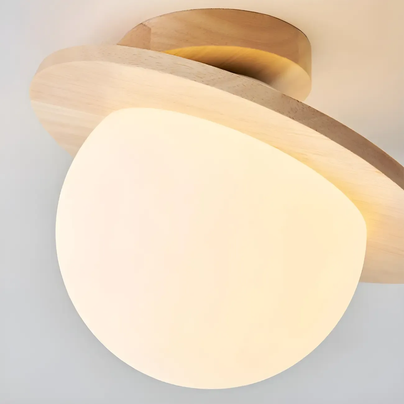 Circular Glass Ball Natural Wood Semi Flush Ceiling Light