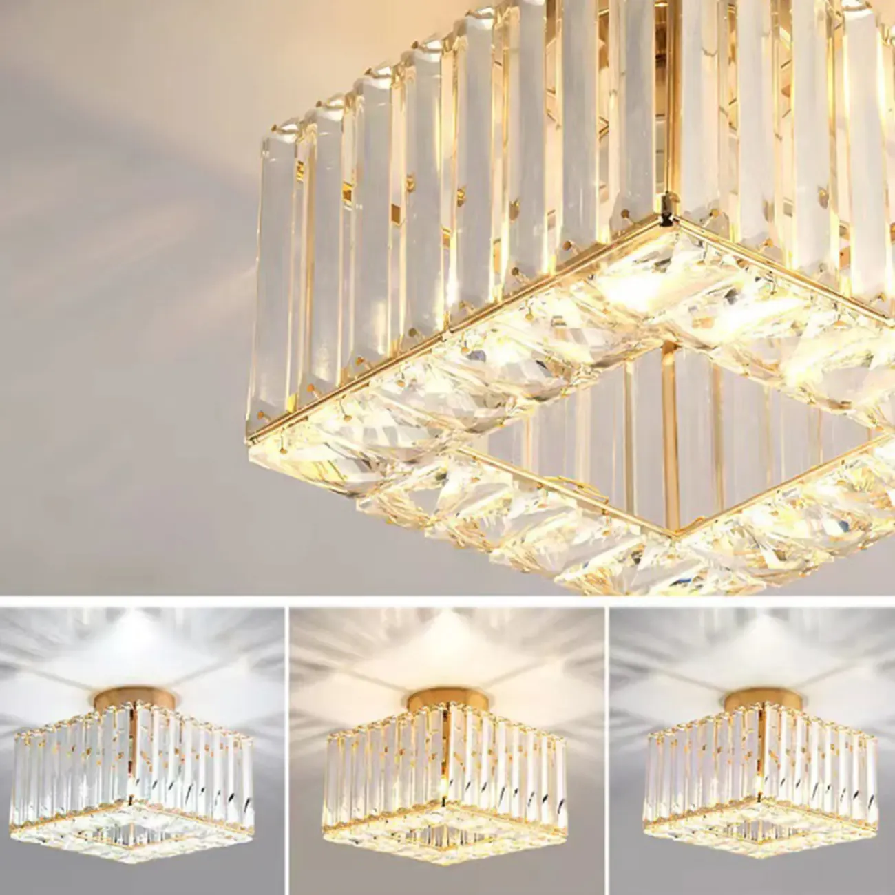 Modern Gold Square Crystal Semi Flush Ceiling Light