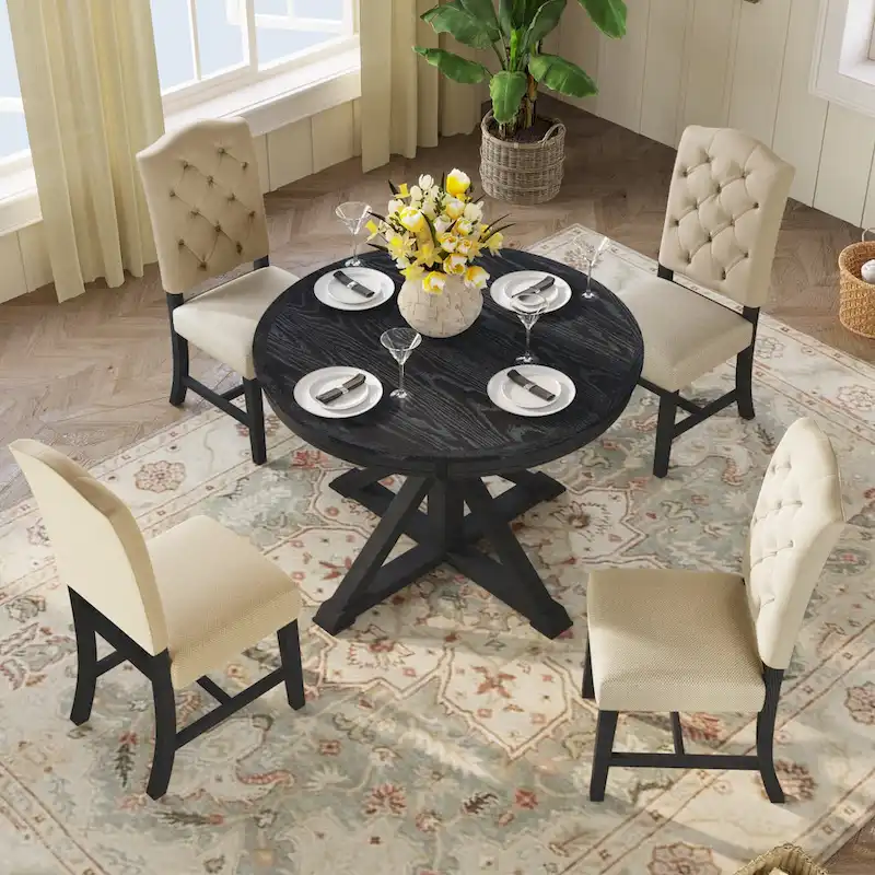 5 Pcs Wooden Round Dining Table Set, Kitchen Dining Table Chair Set with Extendable Table and 4 Upholstered Chairs