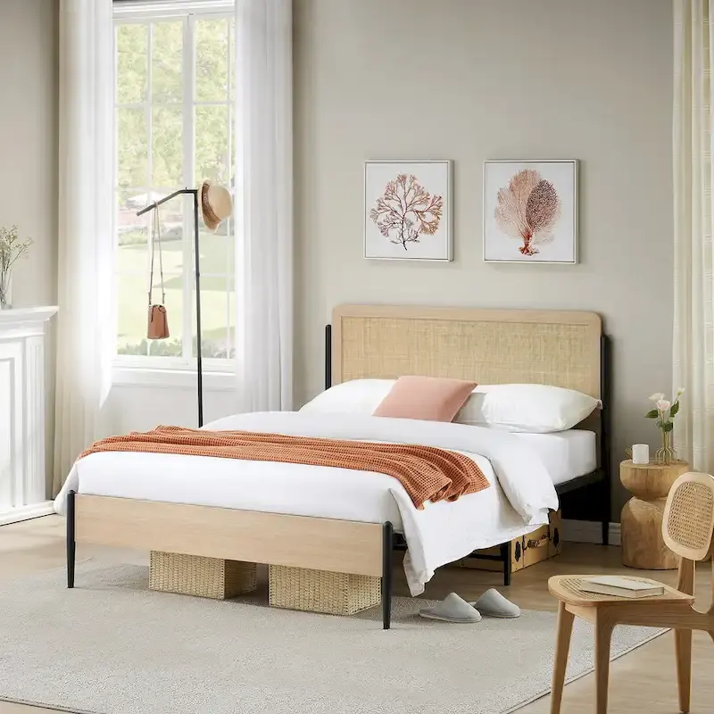 Bed Frame with Curved Rattan Headboard, MDF & Metal, No Box Spring, 700 lbs, Full/Queen