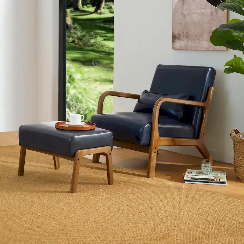 Glitzhome 30.75H Mid-Century PU Leather Armchair with Ottoman Set