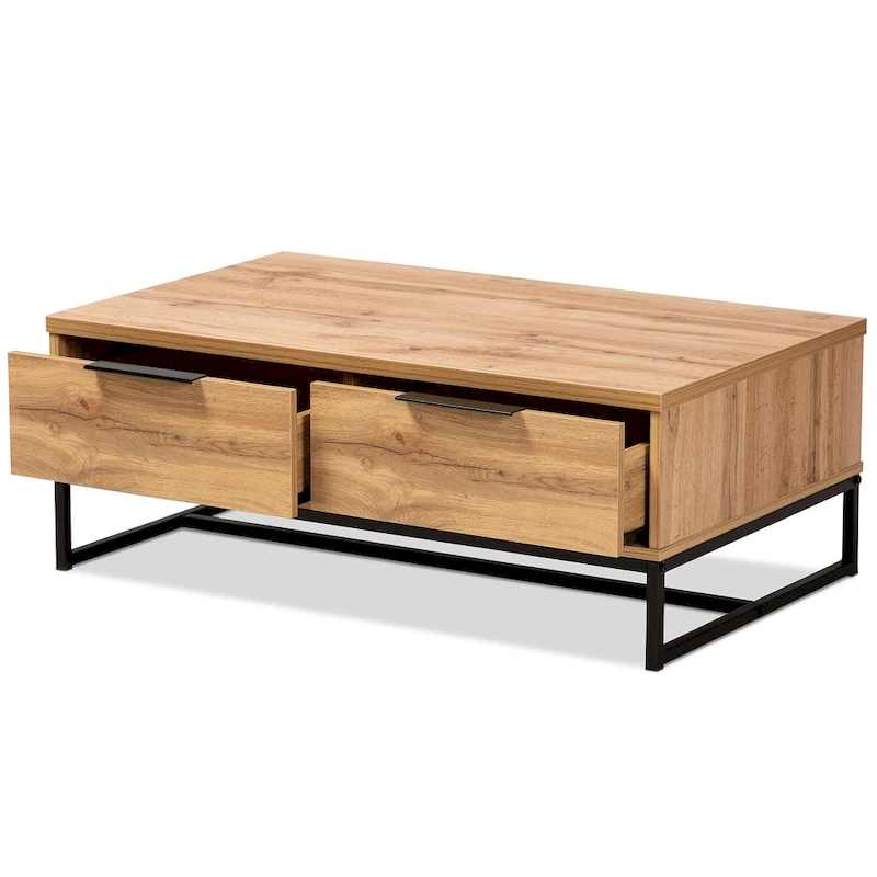 Franklin Oak Brown Wood and Black Metal 2-Drawer Coffee Table
