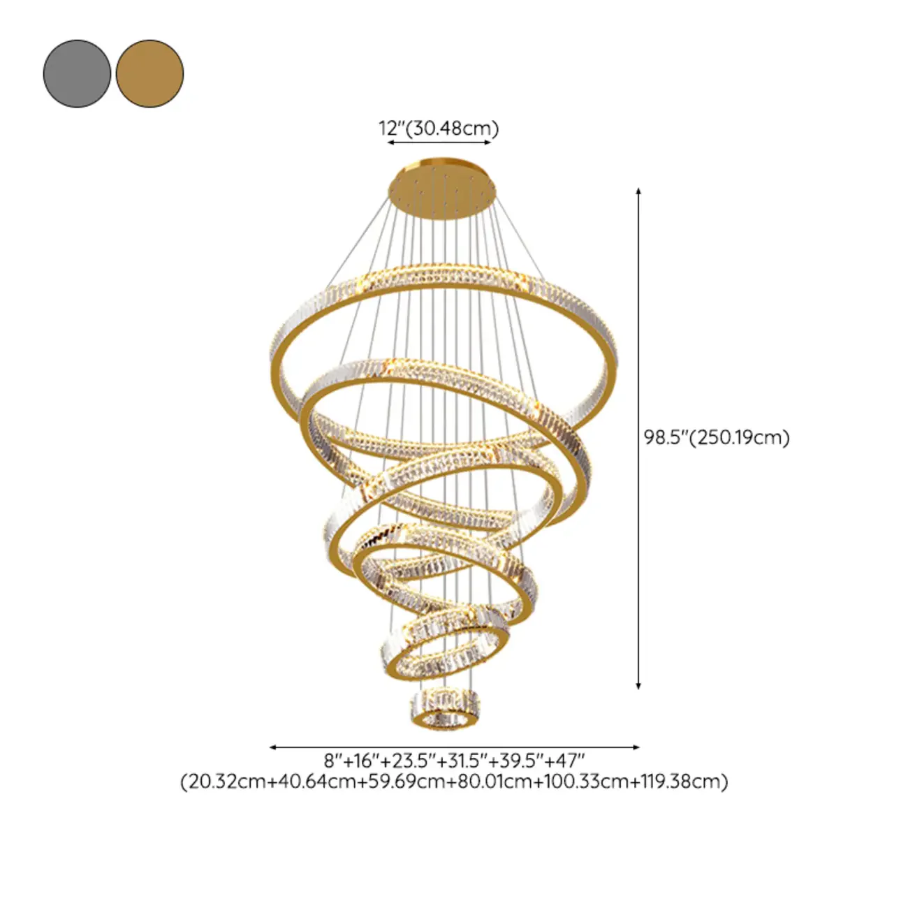 Gold Spiral Ring Crystal Tier Chandelier Modern Remote LED