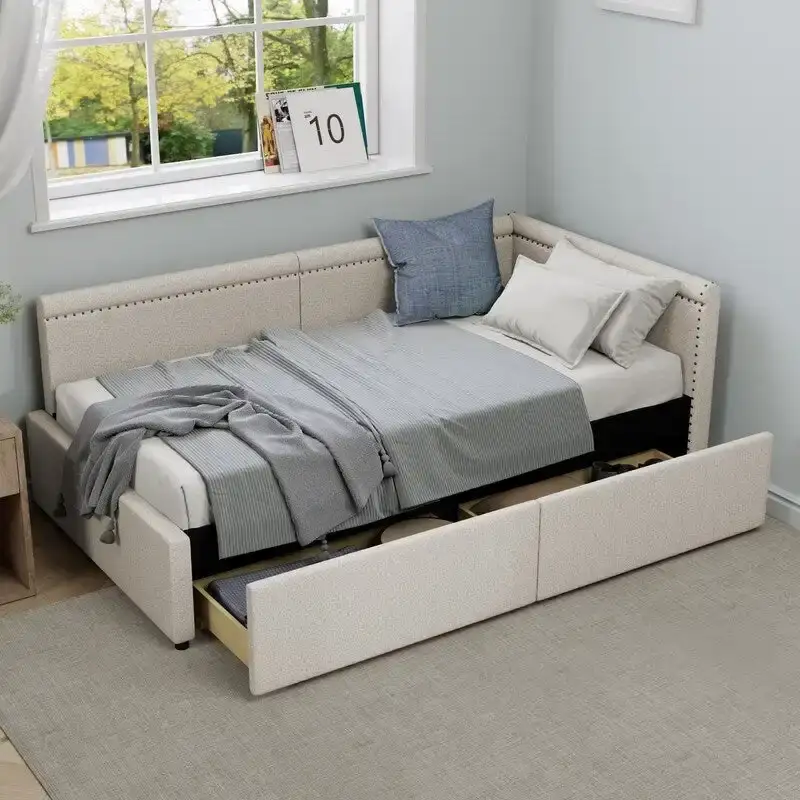 Twin Size L Shape Linen Upholstered Daybed with Two Storage Drawers