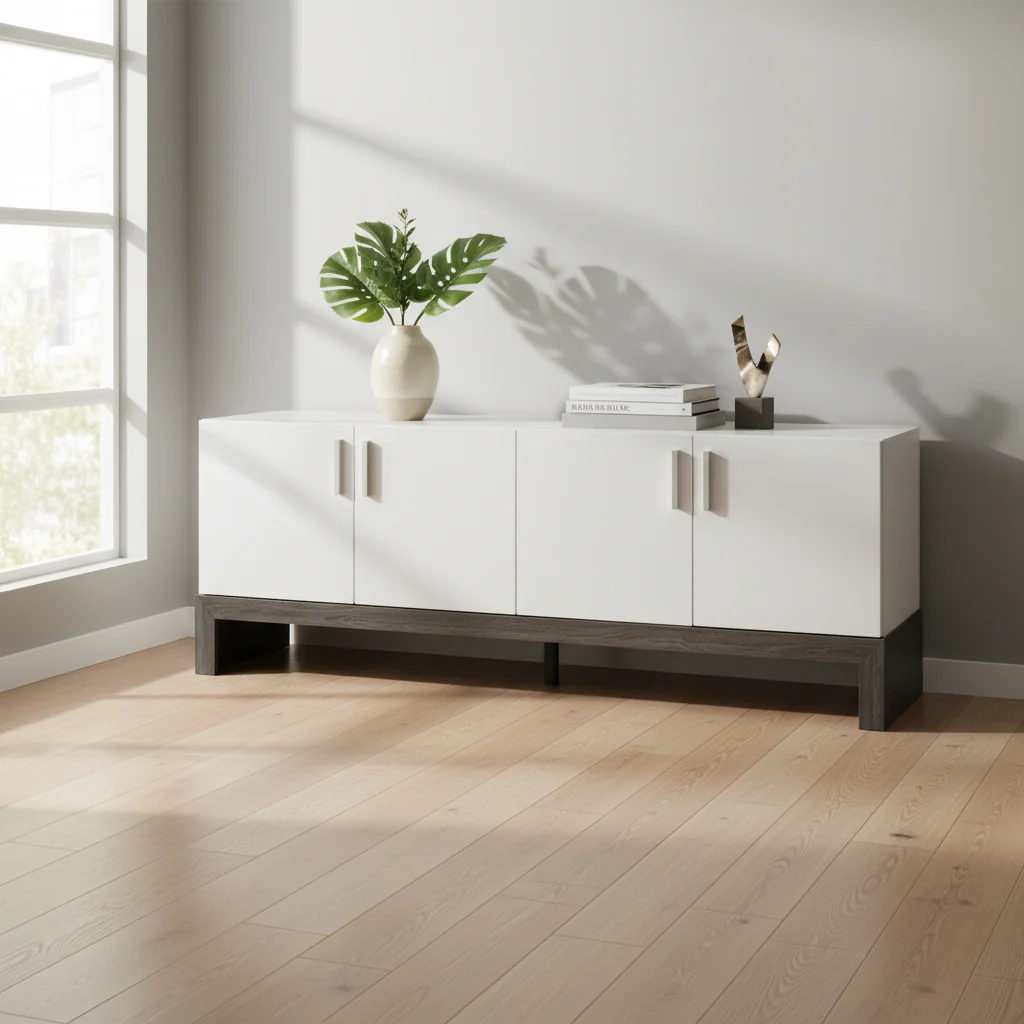 60 Inch TV Entertainment Console, 2 Cabinets, Metal Bar Handles, White