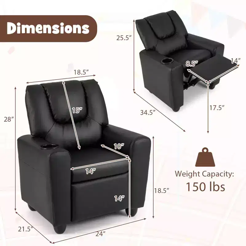 Kids Recliner Chair with Cup Holder – Beige / Black / Brown / Pink, Push-Back Style, 1-Seat