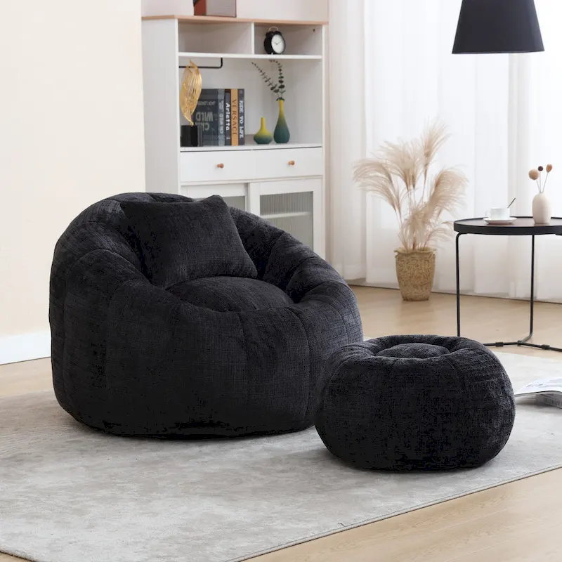HOMEFUN Chenille Upholstered Round Lazy Cozy Bean Bag Chair with Ottoman and a Pillow