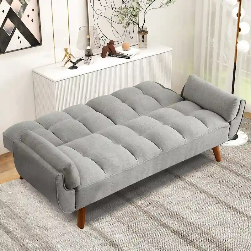 Futon Sofa Bed, Convertible Folding Futon Couch Recliner Lounge For Living Room With 2 Pillow/Armrest