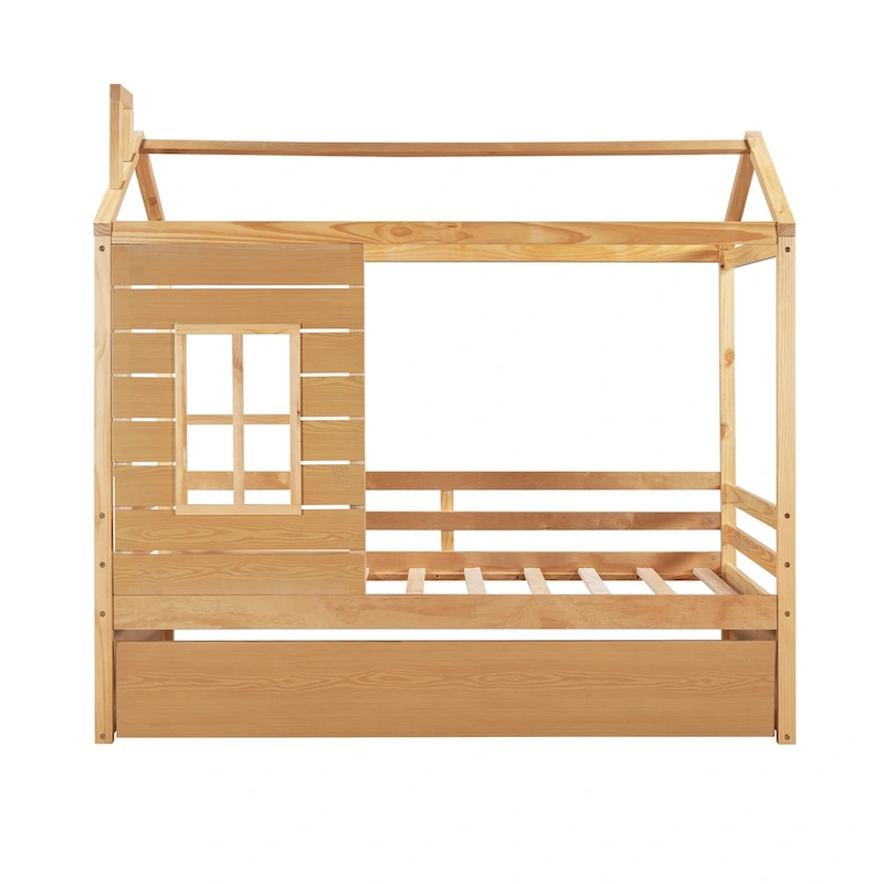 Twin Pine House Bed with Trundle, Guardrail, and Window