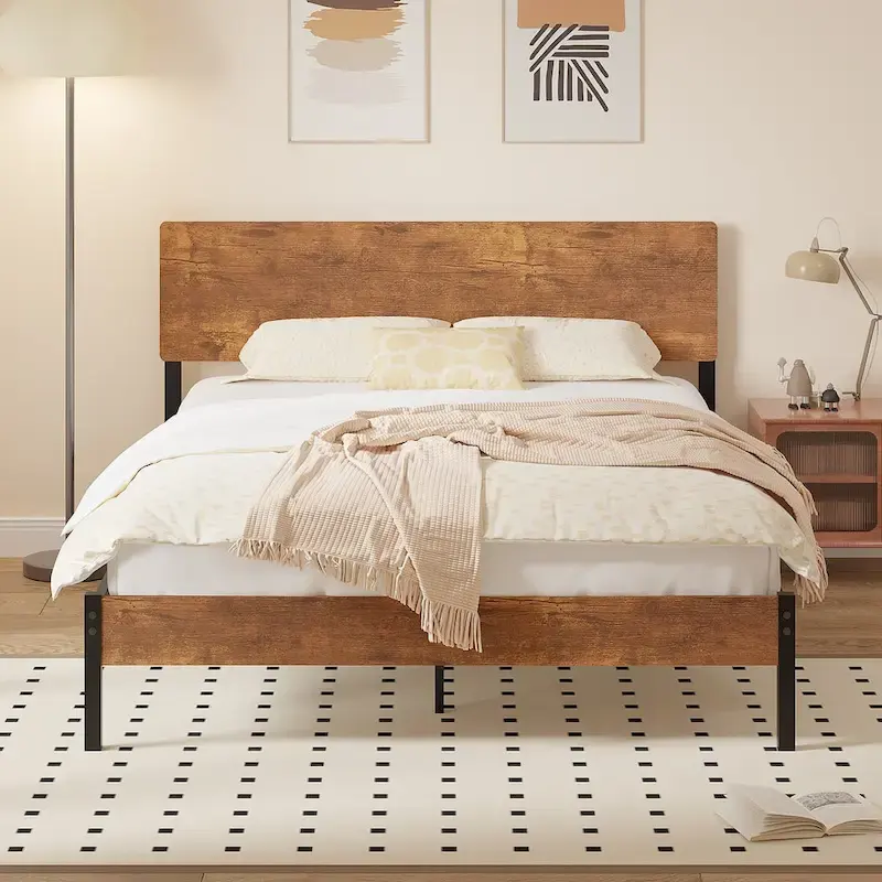 Javlergo Elegant Iron Queen Bed Frame with MDF Headboard & Footboard - Modern Industrial Style