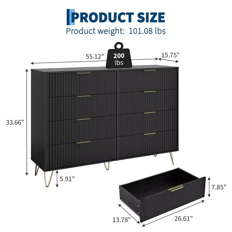 Black / Pink / White 8-Drawer Fluted Dresser — 55