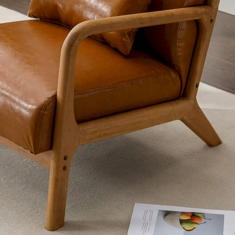 Upholstered Linen Blend Accent Chair with Wooden Legs and One Pillow