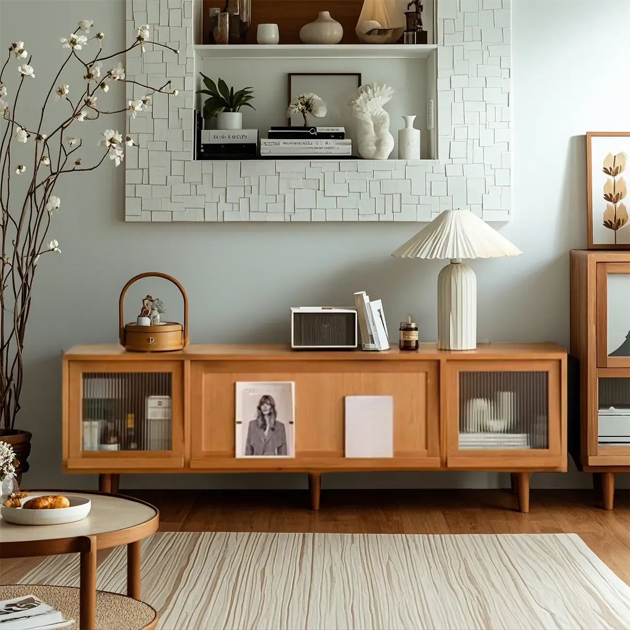 Natural Finish Wooden Glass Door TV Stand with Cabinet