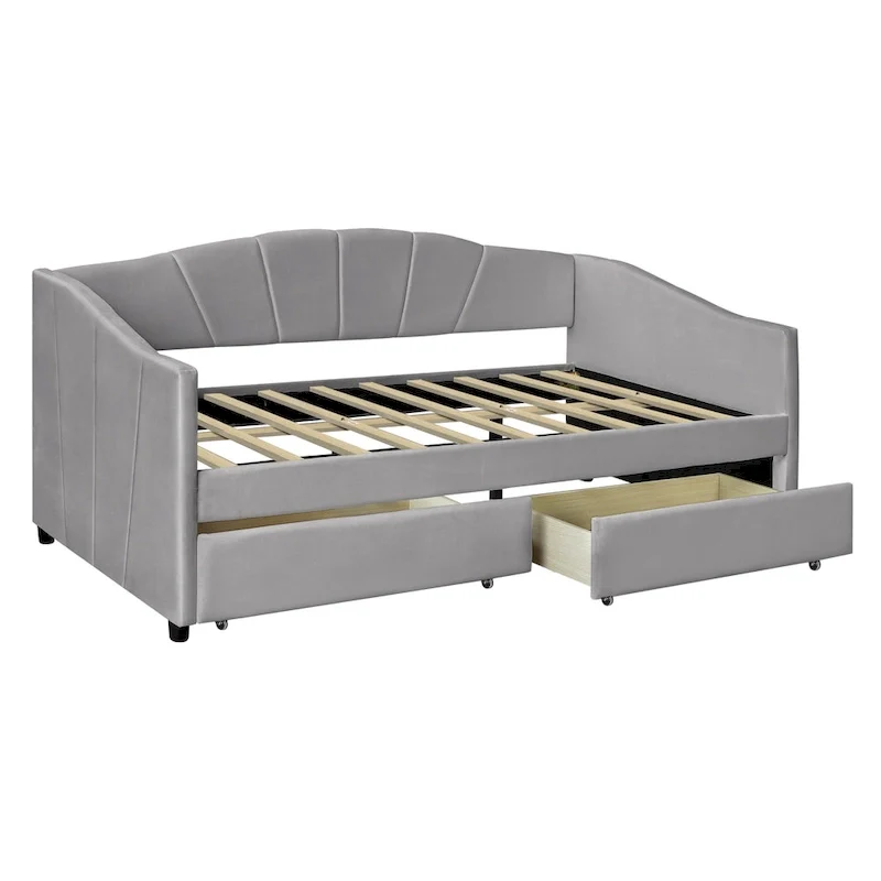 Twin Velvet Daybed with Drawers & Wood Slats