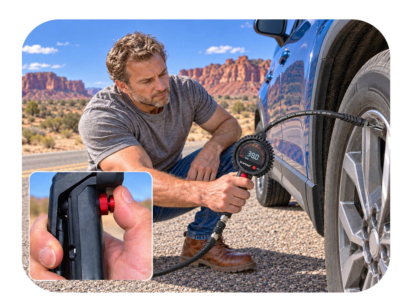 How to use the SEAPENG TB-801 tire inflator gauge with an air compressor
