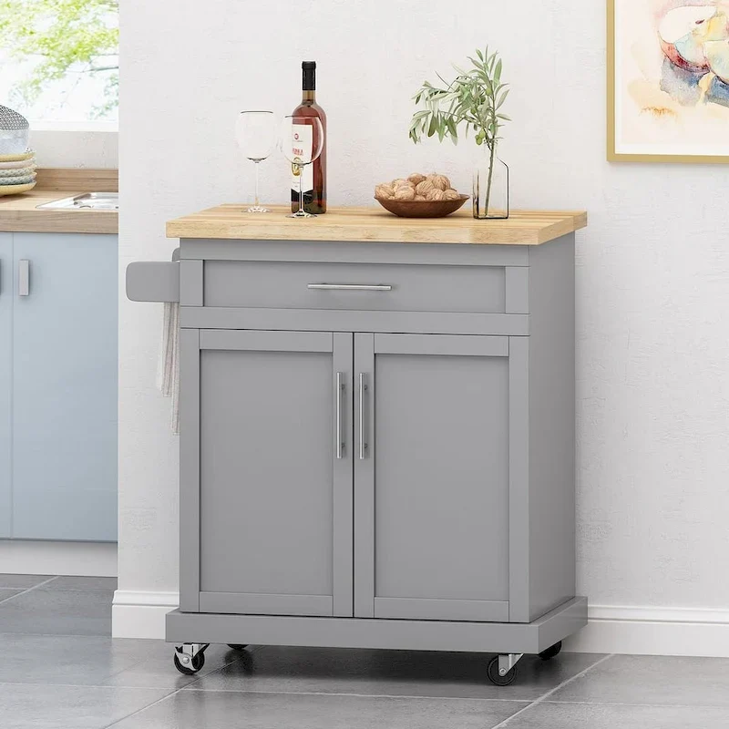 Contemporary Wood Kitchen Cart with Wheels Storage and Wheels