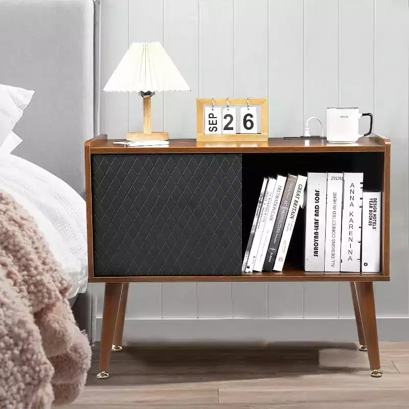 Brown Wood Bedside Table with Charging Station and Storage Drawer