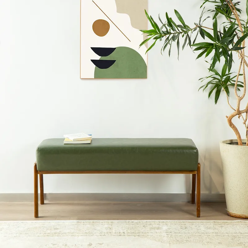 Glitzhome 42.25W Modern Leatherette Bench with Walnut Rubberwood Legs