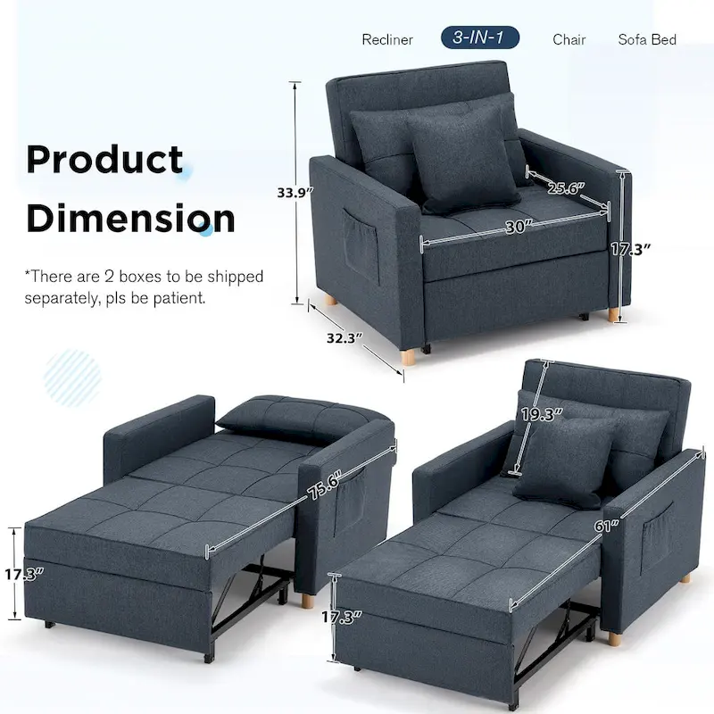 AECOJOY Adjustable Sleeper Chair Bed 3-in-1 Convertible Futon Sofa