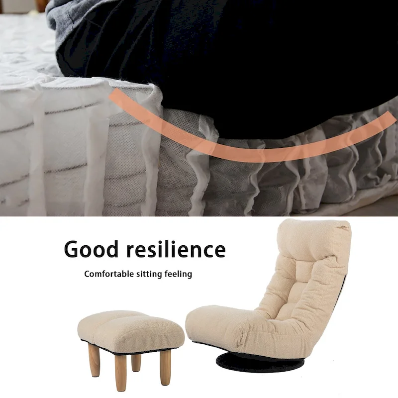 Beige Boucle Upholstered 360 Swivel Armless Manual Leisure Recliner Set with Ottoman, Adjustable Headrest and Backrest