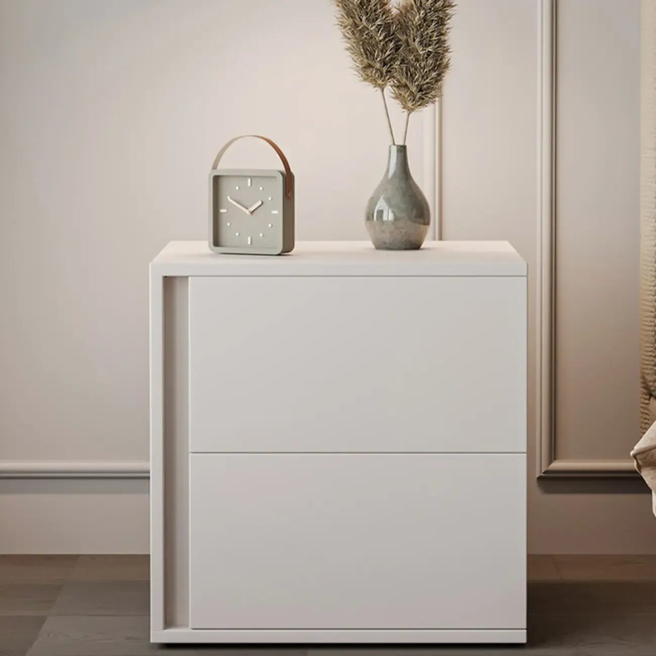 Minimalist Pure White Wood 2-Drawer Nightstand