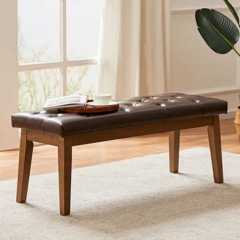 Button-Tufted Bench for End of Bed, Entryway Bench Beige/ Black/ Brown Solid Wood, Leather, Fabric 44-inch