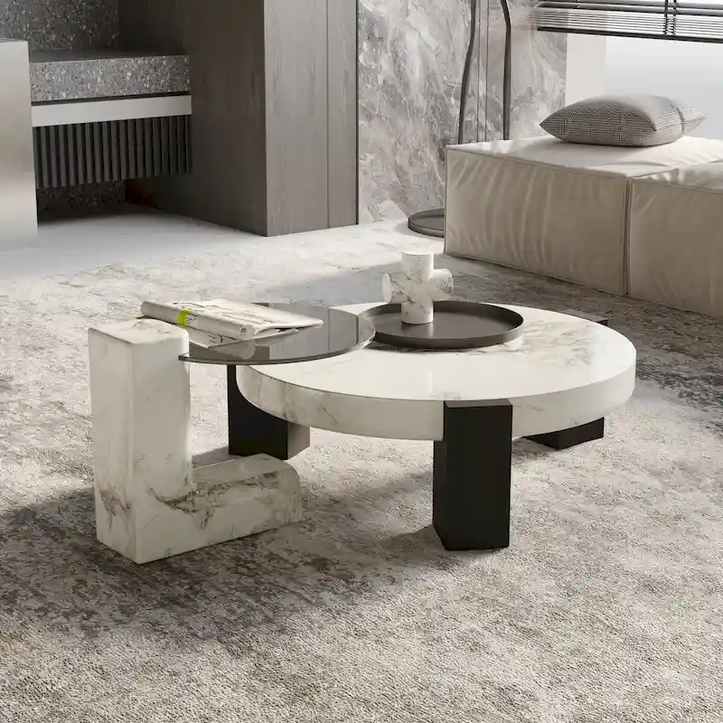 White & Black Round Nesting Coffee Table with Glass Top, Set of 2